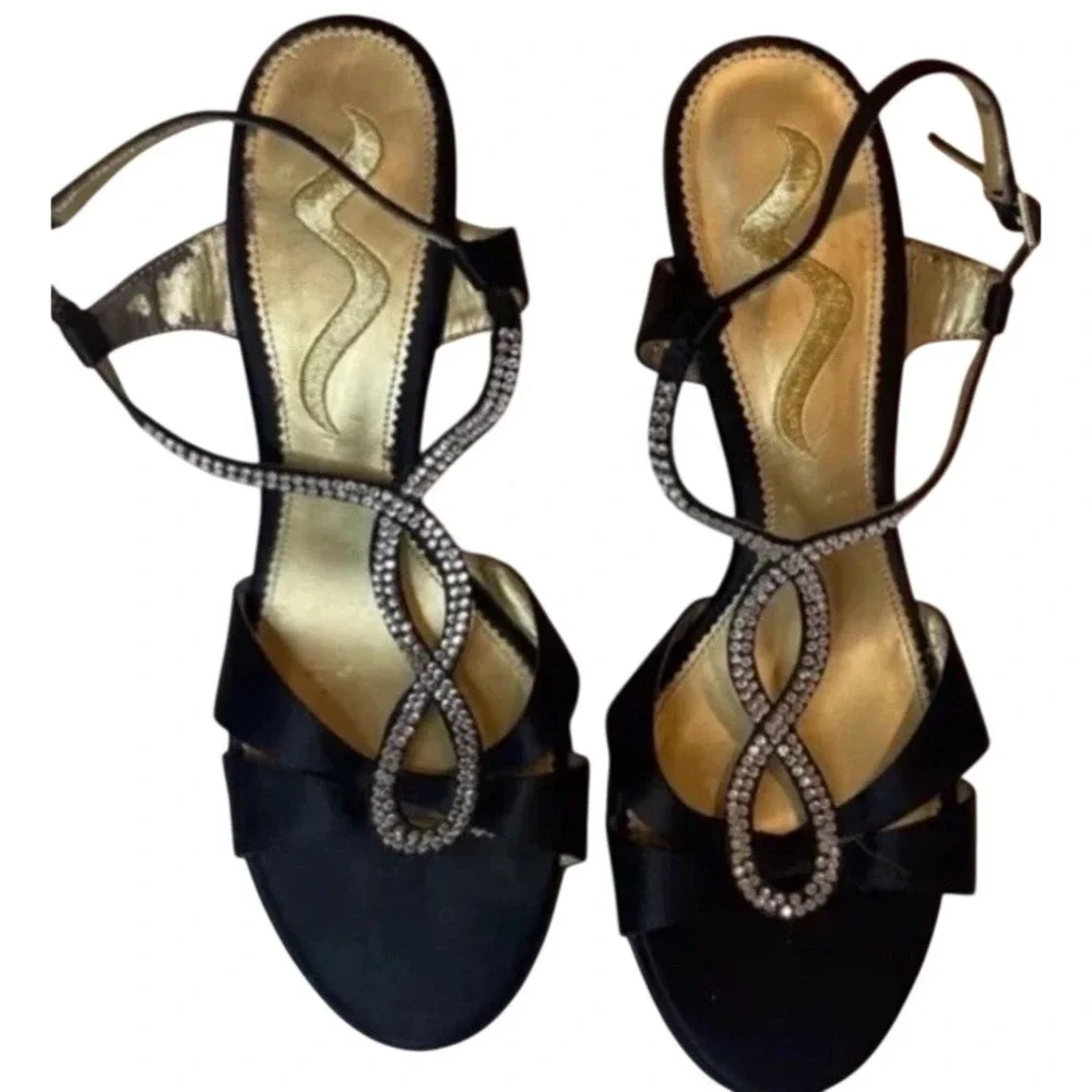 MIA Rhinestone Embellished Black Satin Ankle Strap Heels Women Dress Shoes‎ Sz 9